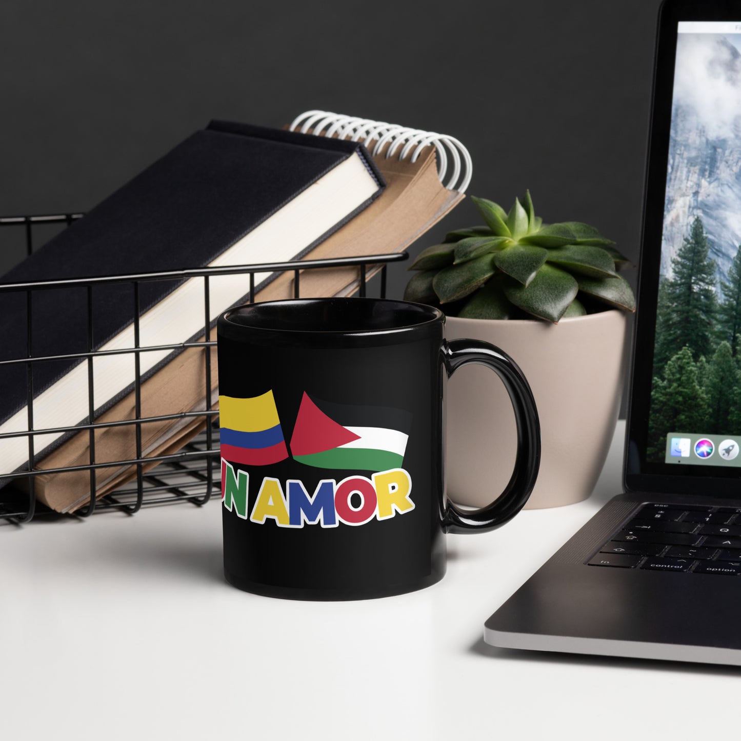 Black Glossy Mug "One Love Palestine & Colombia"